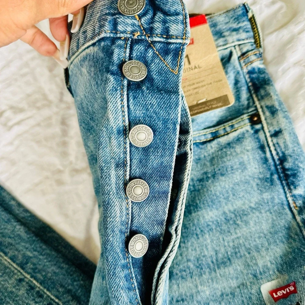 Levi’s 501 The Ben Stretch Medium Wash Button Fly Straight Leg Blue Jeans - Picture 3 of 12